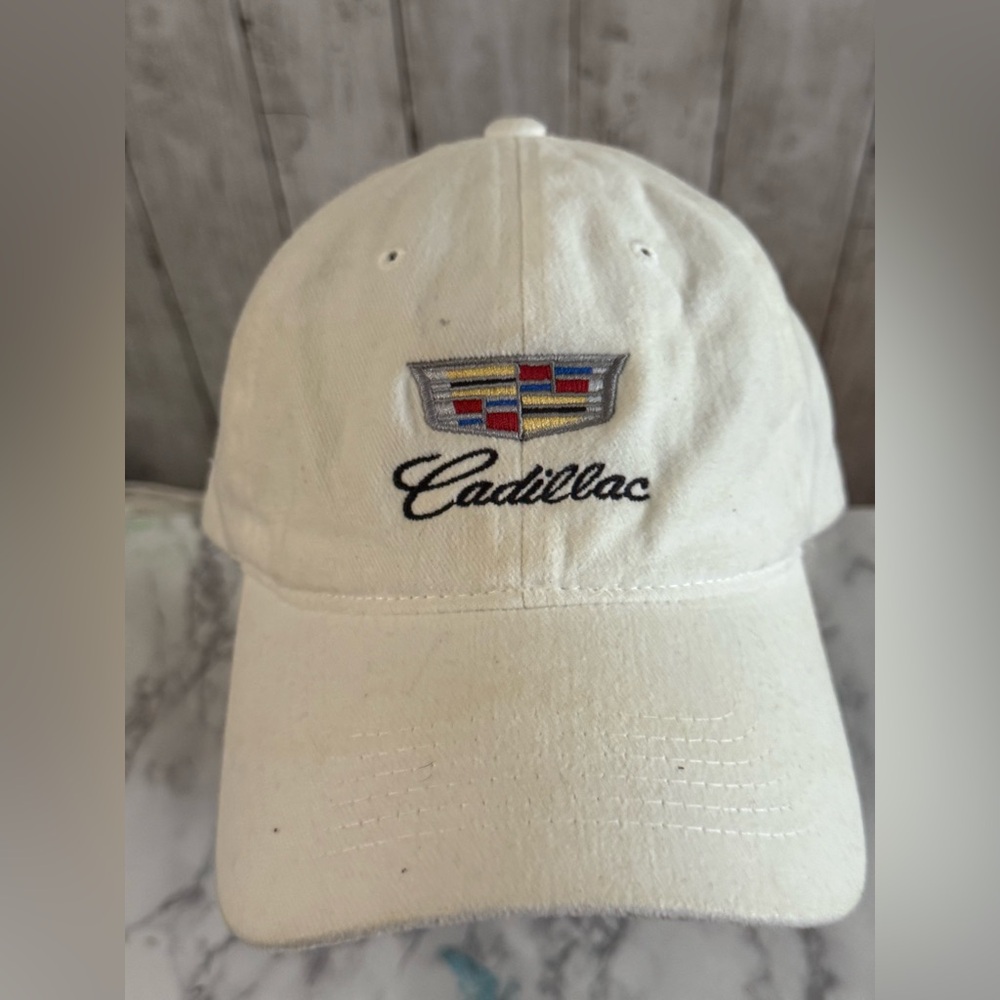 Cadillac Golf Hat White Cap Logo Spellout Strapback - Sportsman